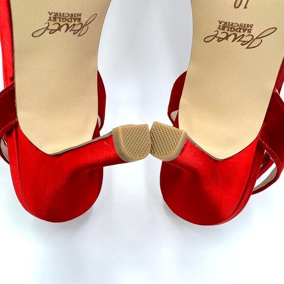 Jewel Badgley Mischka Size 10 Ojai Jeweled Red Satin Heels Dress Sandals Shoes - Picture 12 of 14